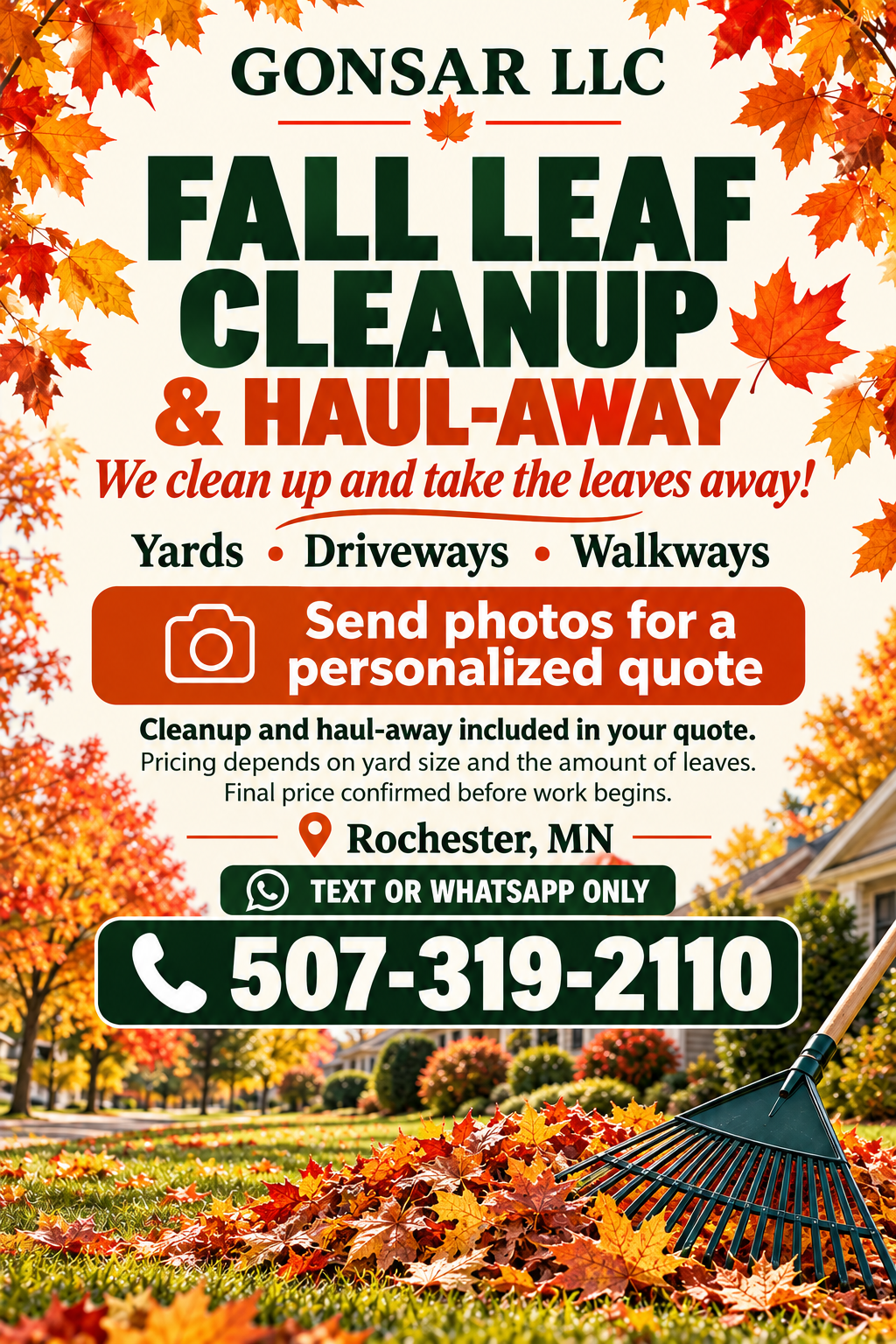 GONSAR fall leaf cleanup and haul-away service flyer